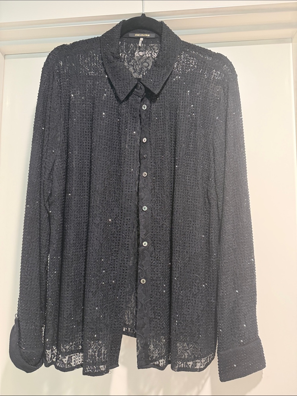 Kobi Halperin Black Sequin Lace Button-Up Blouse
